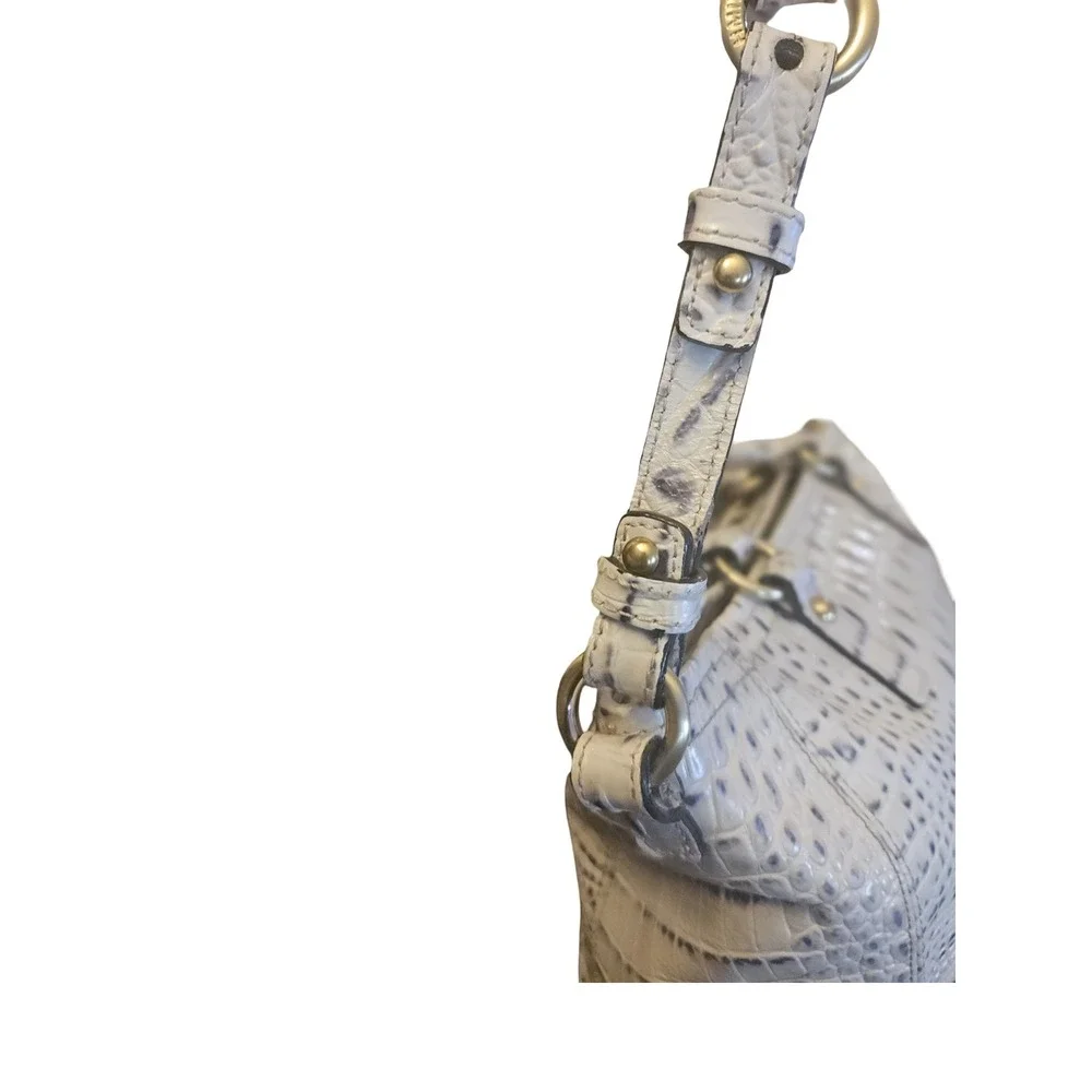 Brahmin Croc Embossed Leather Satchel Crossbody Bag Gray Cream Gold Hardware